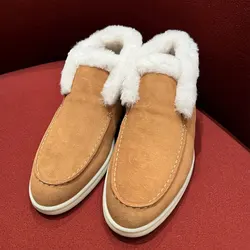 Fur Boots Genuine Leather Fur Loafers Women's 2025 Winter Flat Short Boots With Fleece Warmth Snow Boots