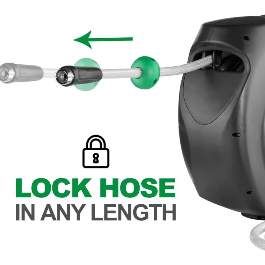 수축식 정원 호스 릴 120피트 x 1/2 내구성 있는 벽걸이형 물 호스 릴 180도 회전 브래킷 9가지 패턴 분사기 6피트 라인