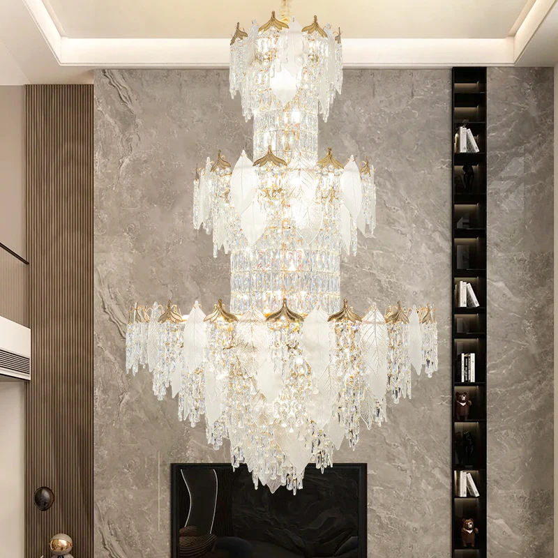 

Postmodern Duplex Crystal Chandelier Hall Villa Living Room Lamp Light Luxury M Id-floor Crystal Creative Leaf Pendant Light