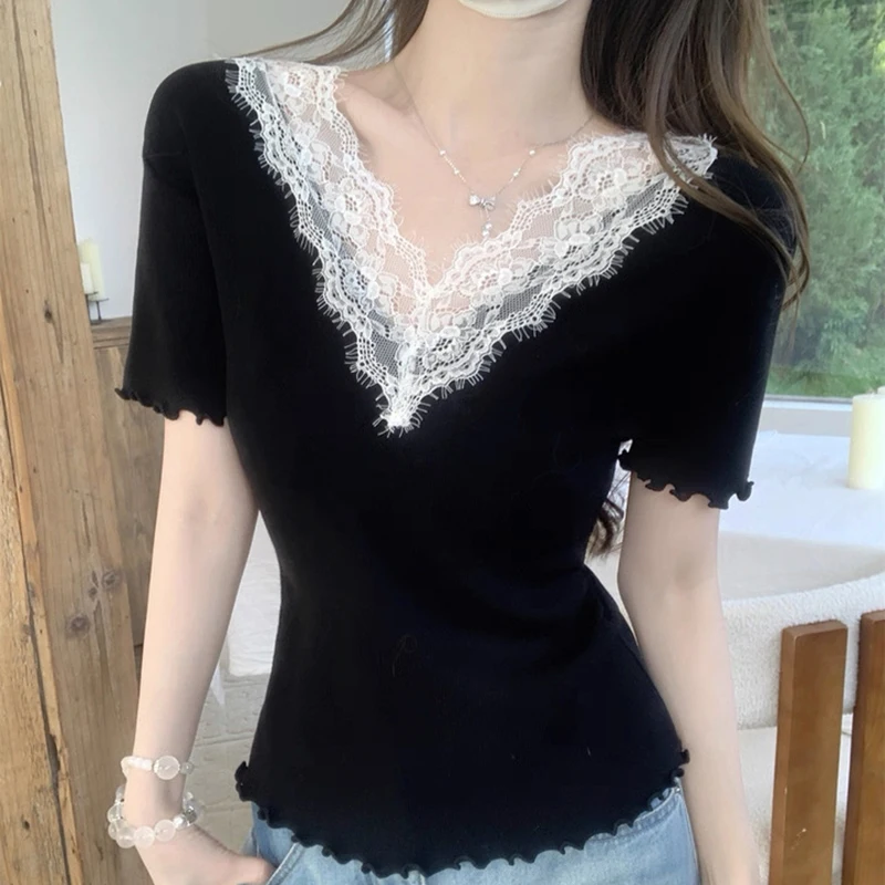 2026 Summer V Neck Knitted T Shirt For Women Lace Patchwork Short Sleeve Tshirts Korean Fashion Clothing Slim Sexy Tops Female