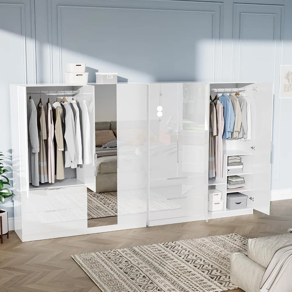 63" W x 72" High Gloss Wardrobe Closet with Mirror Doors and Drawers, 4 Door Armoire Wardrobe Closet with Drawers, Large White image 3