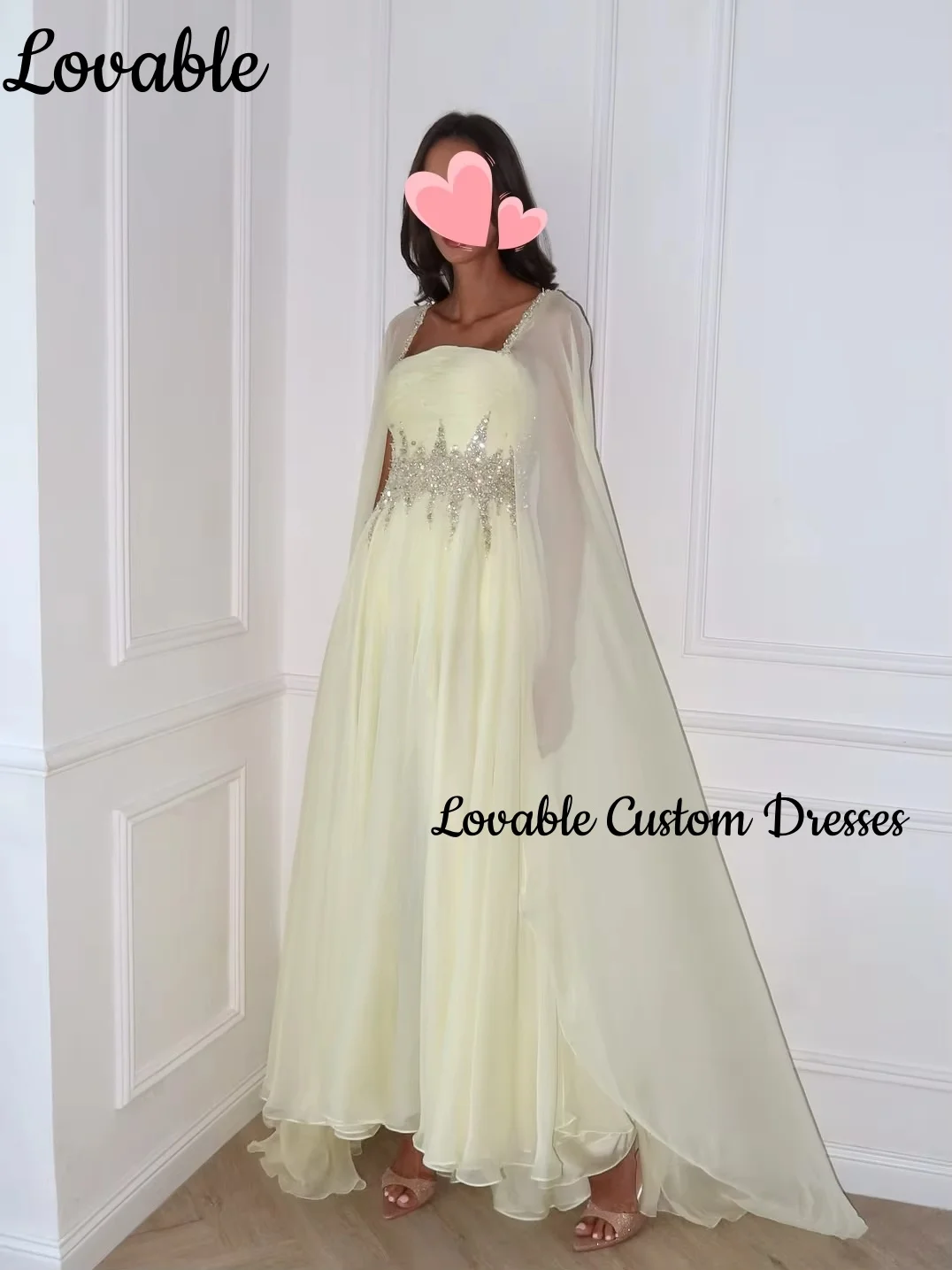 Vestido de festa de casamento personalizado, linha a, decote quadrado dividido, comprimento do chão, miçangas, vestidos de noite de luxo, zíper, vestidos amarelos