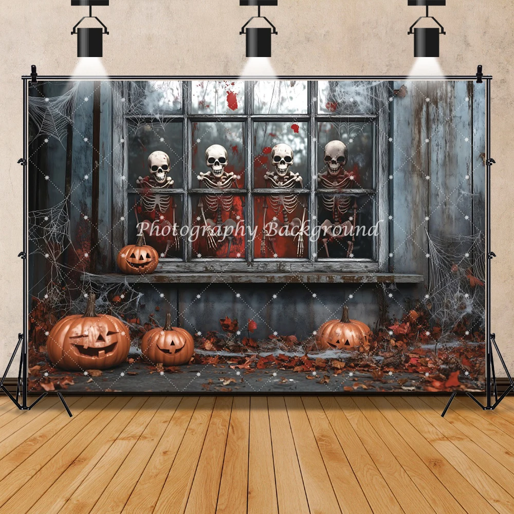 هالوين نافذة المشهد التصوير خلفية الخريف ورقة القرع الخفافيش الهيكل العظمي غرف الديكور الأسرة مهرجان خلفية حفلة