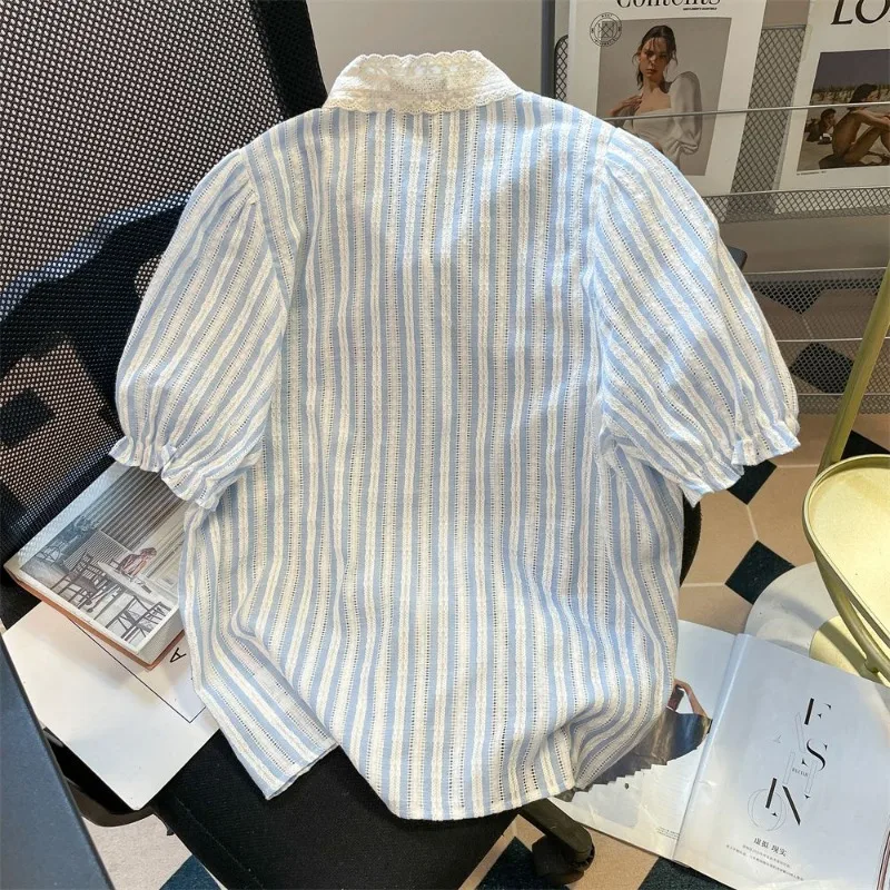 EBAIHUI French Lace Patchwork Bow Design Women's Shirt Summer Cute Striped Ladies Blouse Casual Versatile Puff Sleeve Blusas