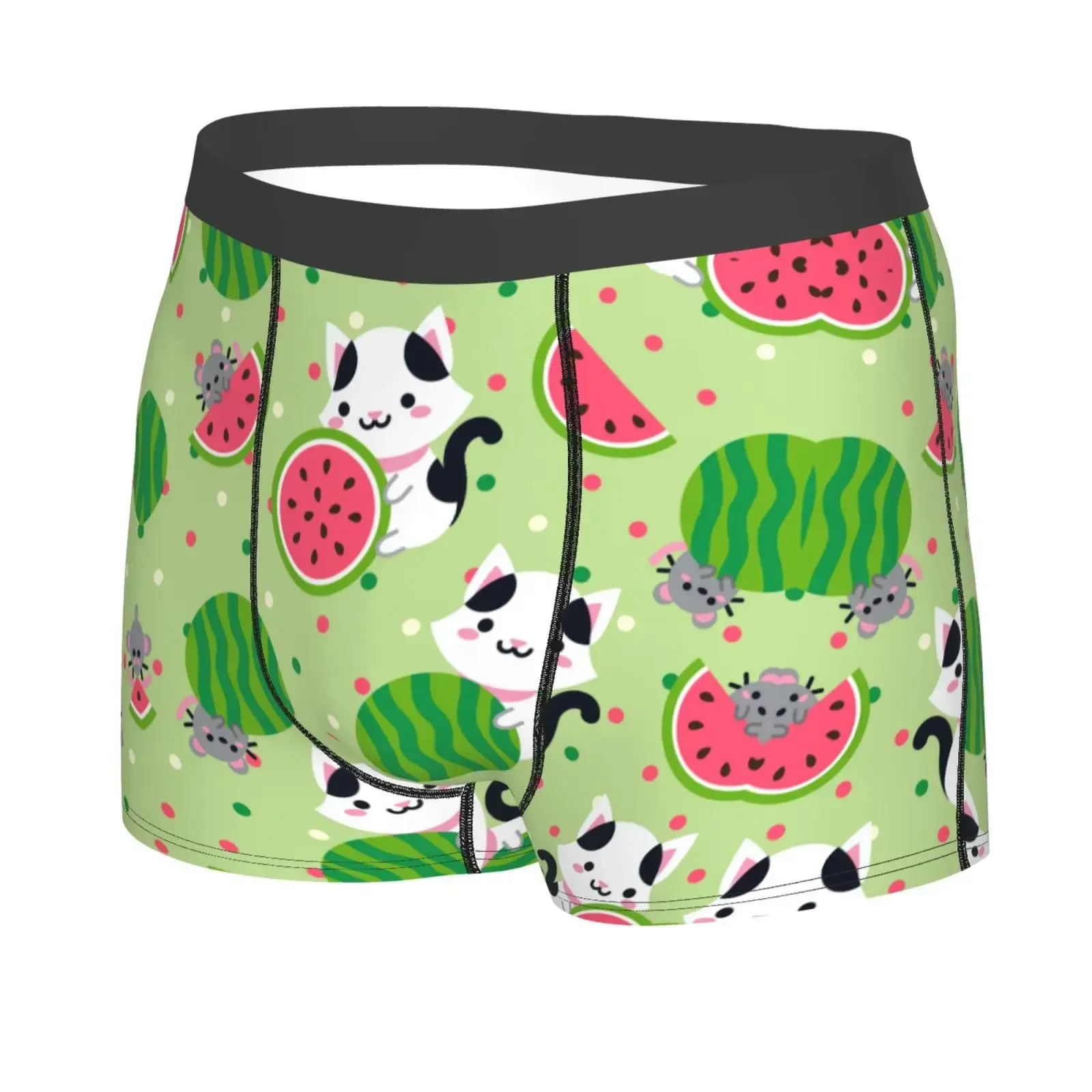 Watermelon Cat Summer Cartoon Underwear Male Underpants Double Sides Printed Soft Breathable Machine Wash Boxers Print