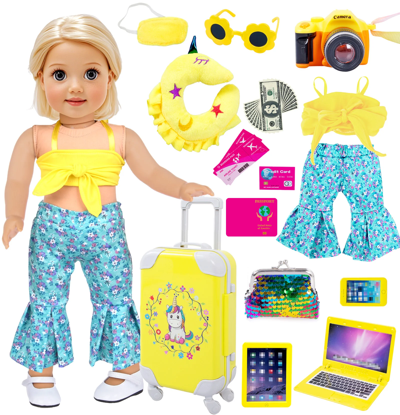 25pc 18 inch Dolls Clothes and Accessories Travel Suitcase Play Set Include Luggage Camera Computer Glasses Pillow etc (No Doll)