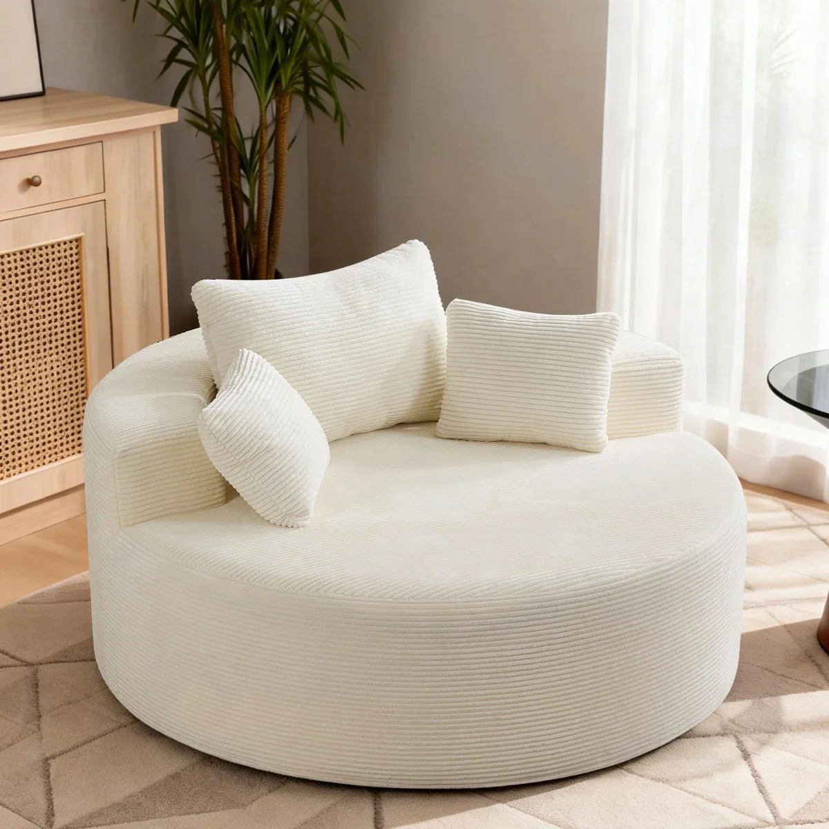 #Oversized Round Corduroy Lazy Sofa, Modern Accent Chair with Throw Pillows for Living Room, Small Space