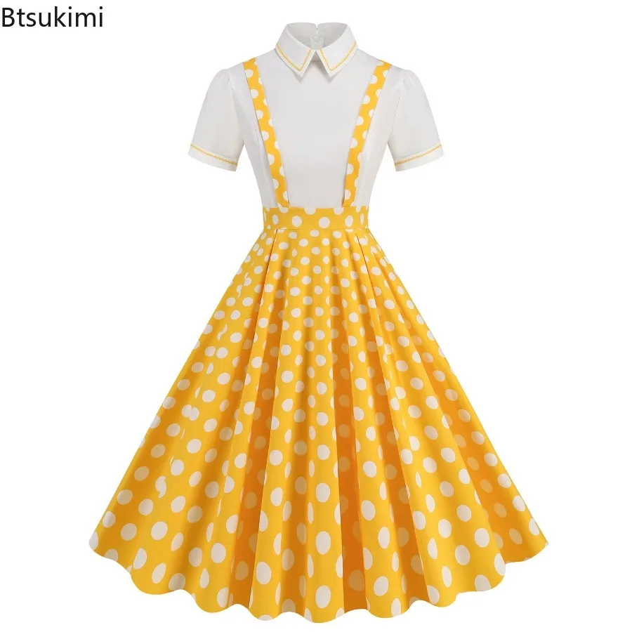 New 2026 Women's Vintage Style Yellow Polka Dot Swing Skirts Summer Elegant College Style Patchwork Cotton Pinafore Dress Ladies