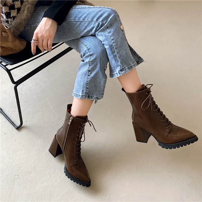 Meotina Women Genuine Leather Ankle Boots Pointed Toe Thick High Heel Zipper Lace-up Lady Short Boot Autumn Winter Shoes Beige