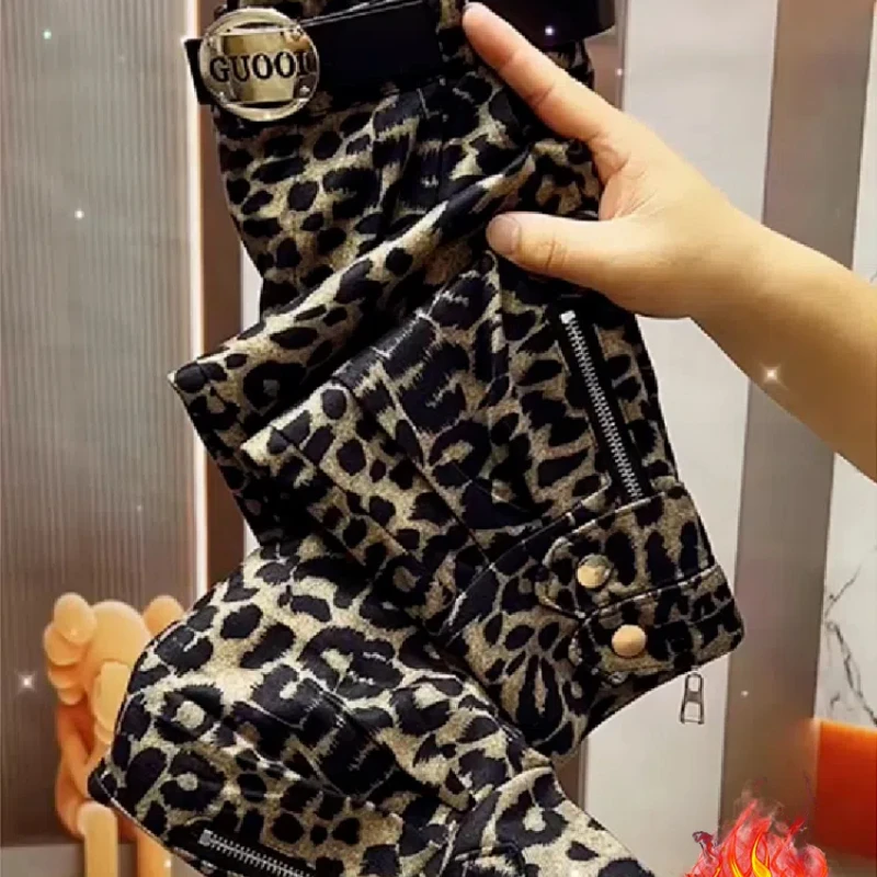 Calça elástica de cintura alta feminina, estampa leopardo casual e solta, calça harém versátil, emendada, bolso com zíper, moda, outono e inverno, 2024