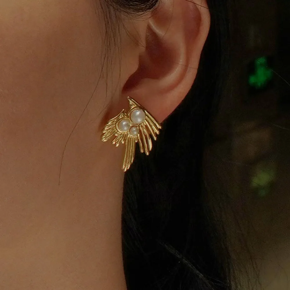 Stainless Steel Abstract Wing Pearl Stud Earrings Gold Tone Multi Bead Wing Statement Ear Jewelry for Women Vintage Style