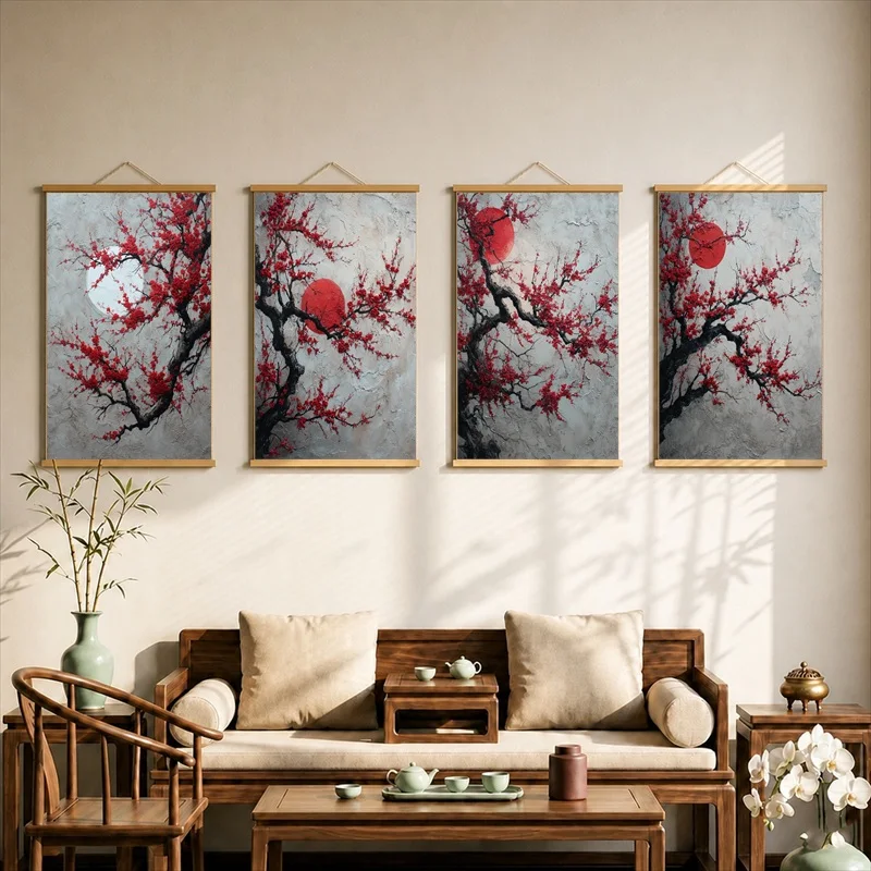 Wall Art Sun Moon and Red Plum Blossoms, Chinese Symbolic Pearlescent Canvas Hanging Scroll with Wooden Rods for Tea House