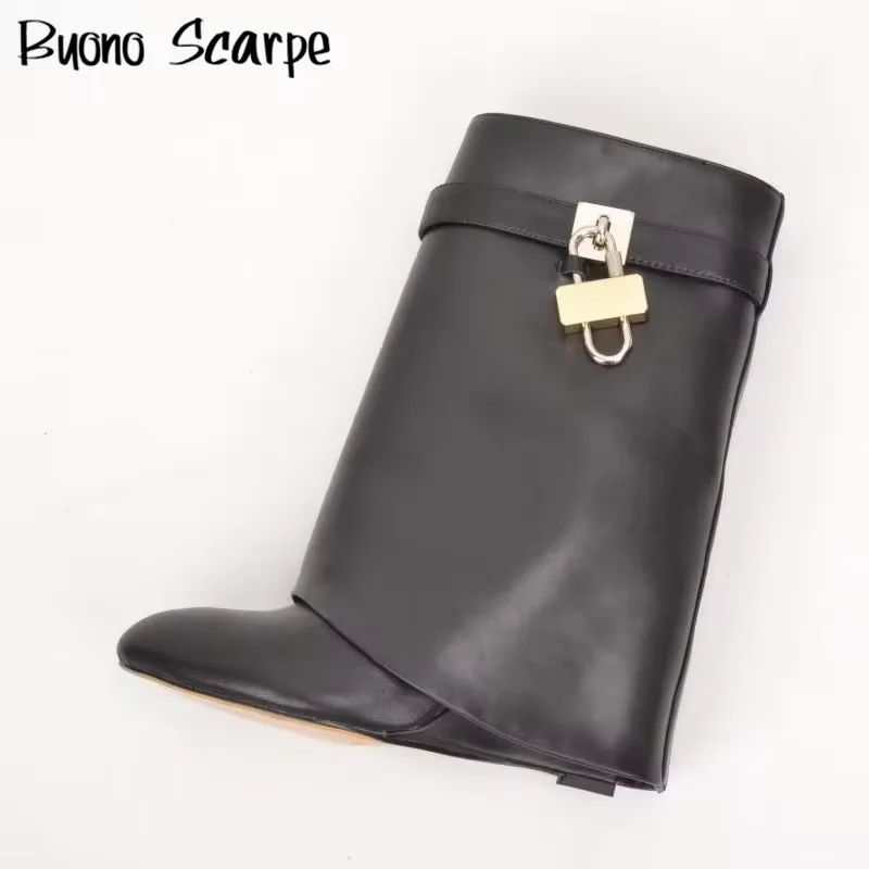 Genuine Leather Women Knight Boots Fashion Wedges Super High Heel Metal Decoration Knee High Shoes Mujer Increasing Modern Botas