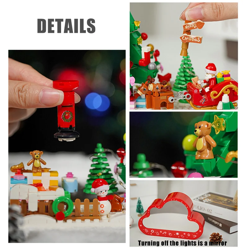 Creative Merry Christmas Tree Cloud Mirror Model Building Blocks Snowman Santa Claus With Lights Mini Bricks Toys Christmas Gift