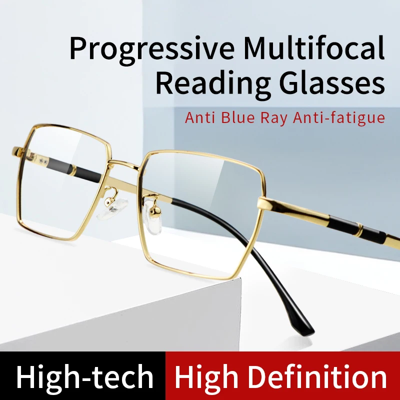 

Progressive Multifocal Reading Glasses Blue Light Blocking for Men,Spectacles With Gold Wire Frames,Presbyopia Eyeglasses