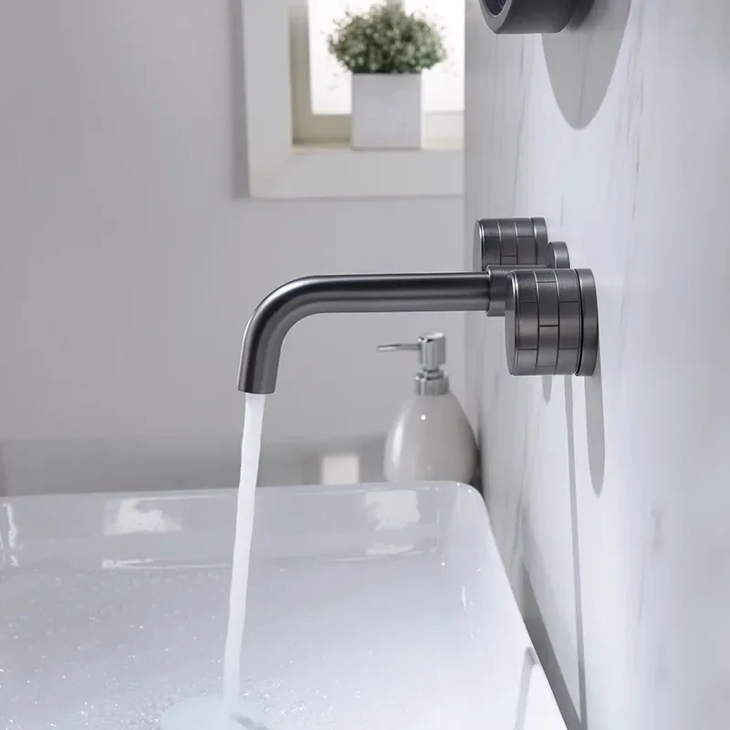 

Матовое золото Широко распространенный смеситель для ванной комнаты Серый/черный смеситель для раковины Холодный и горячий латунный смеситель для раковины Настенный кран для раковины