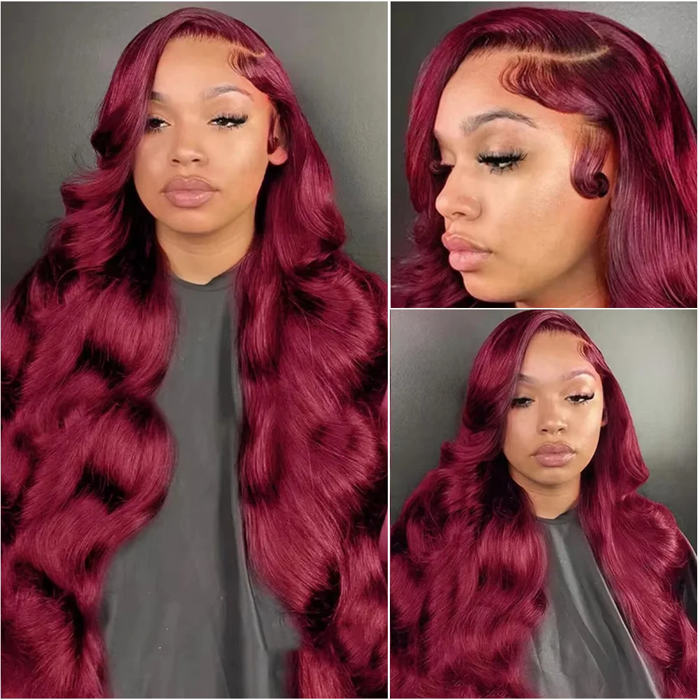 Perruque Lace Front Wig brésilienne naturelle, cheveux Body Wave, bordeaux, 13x4, 30 36 pouces, 13x6 HD, dentelle transparente, couleur 99J