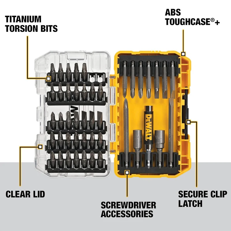 DEWALT DW2166 Screwdriver Bit Set 45-Piece Hex Shank HSS Double-ended Bits Power Tool Attachments With Tough Case
