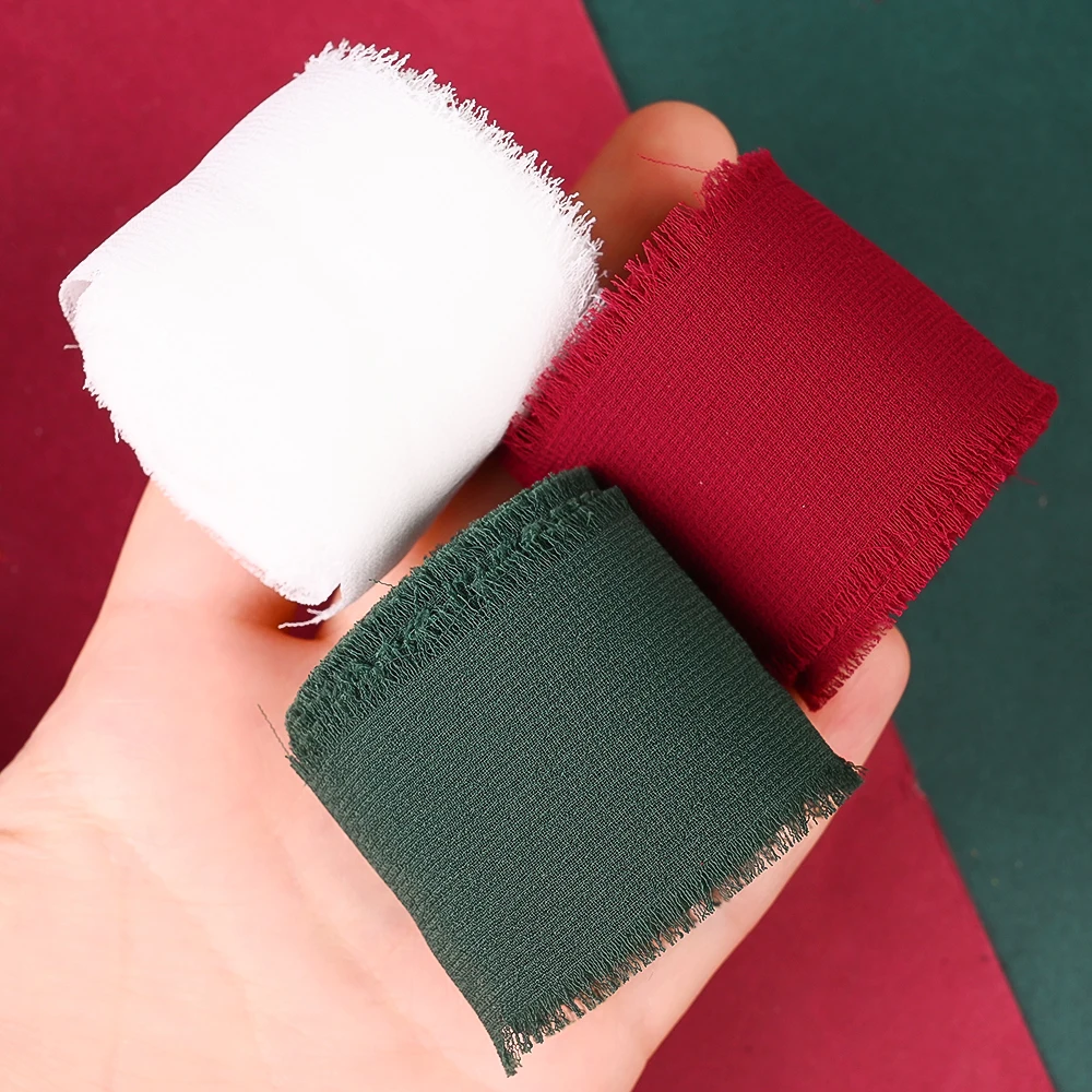 3/4Rolls Christmas Frayed Chiffon Ribbon 3.8cm Handmade Fringe Edge Polyester Ribbon for Gift Wrapping Bow Making Xmas Decor