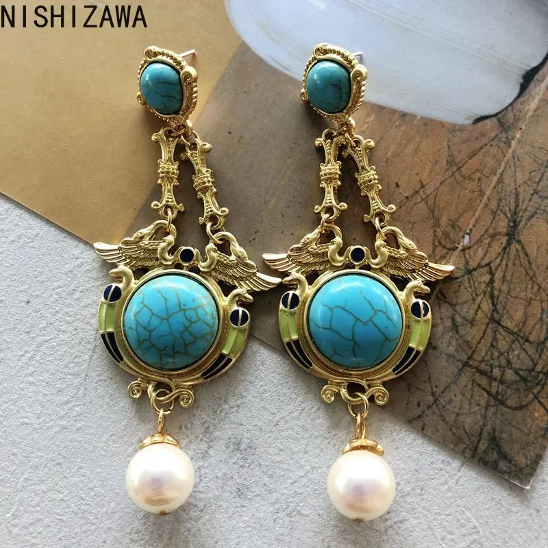 

NISHIZAWA Turquoise Dangle Earrings for Women Banquet Hyperbole Elegant Jewelry Palace Style Luxury Retro Pendientes Mujer