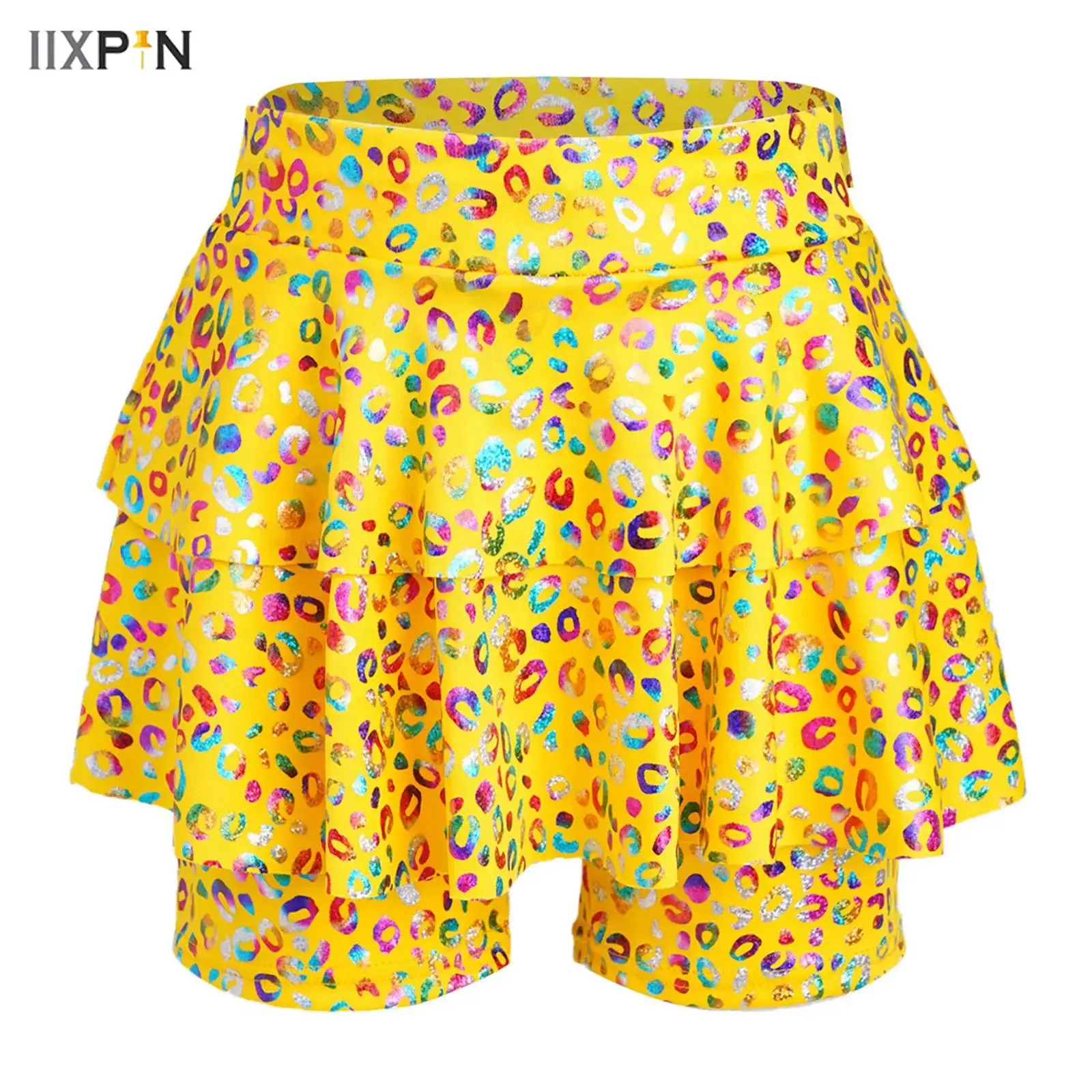 

Kids Girls Jazz Dance Skirted Shorts Metallic Leopard Print High Waist Elastic Waistband Culotte for Cheerleading Performance