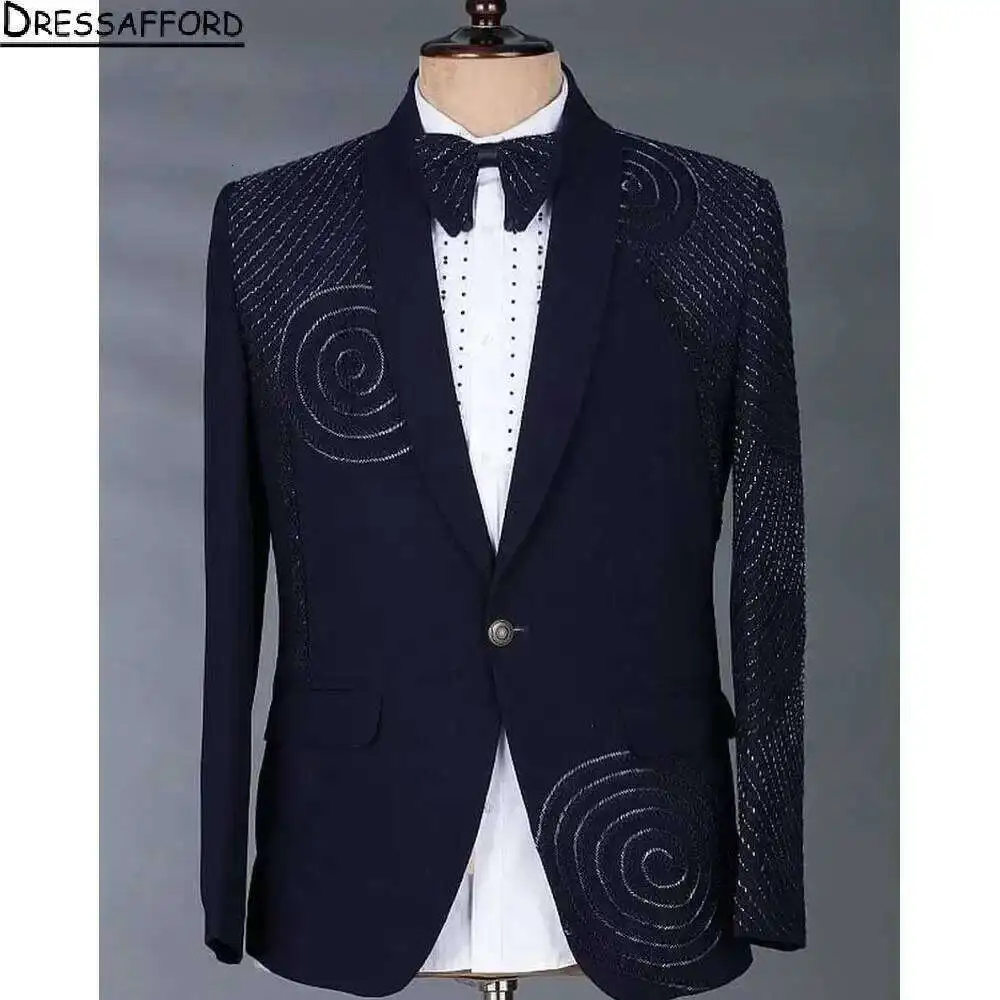 

Темно-синий мужской костюм из двух частей с бисером и кристаллами для жениха: пиджак + брюки