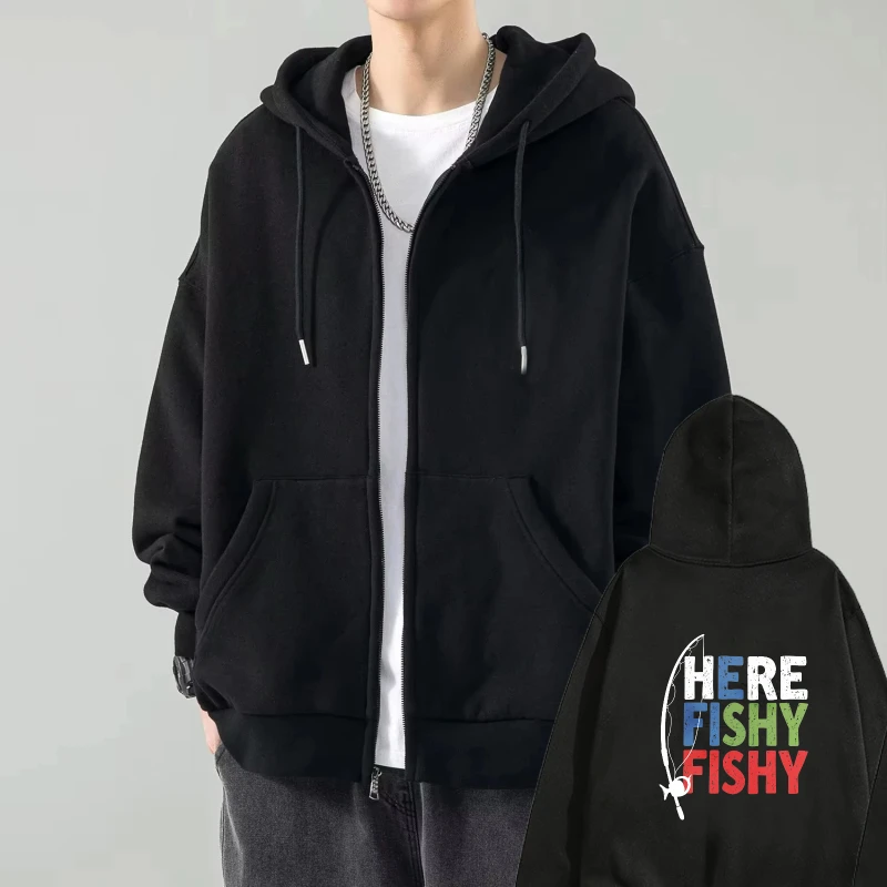 

Mens Hooded Jacket Black Here Fishy Fishy Printed Fishing Design Casual Streetwear Outdoor Sportswear