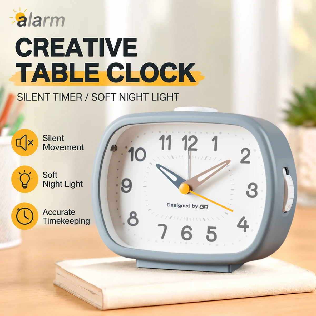 A Stylish, Candy-Coloured, desktop Silent Alarm Clock for the Bedroom – Also Perfect as A Back-to-School or Birthday Present