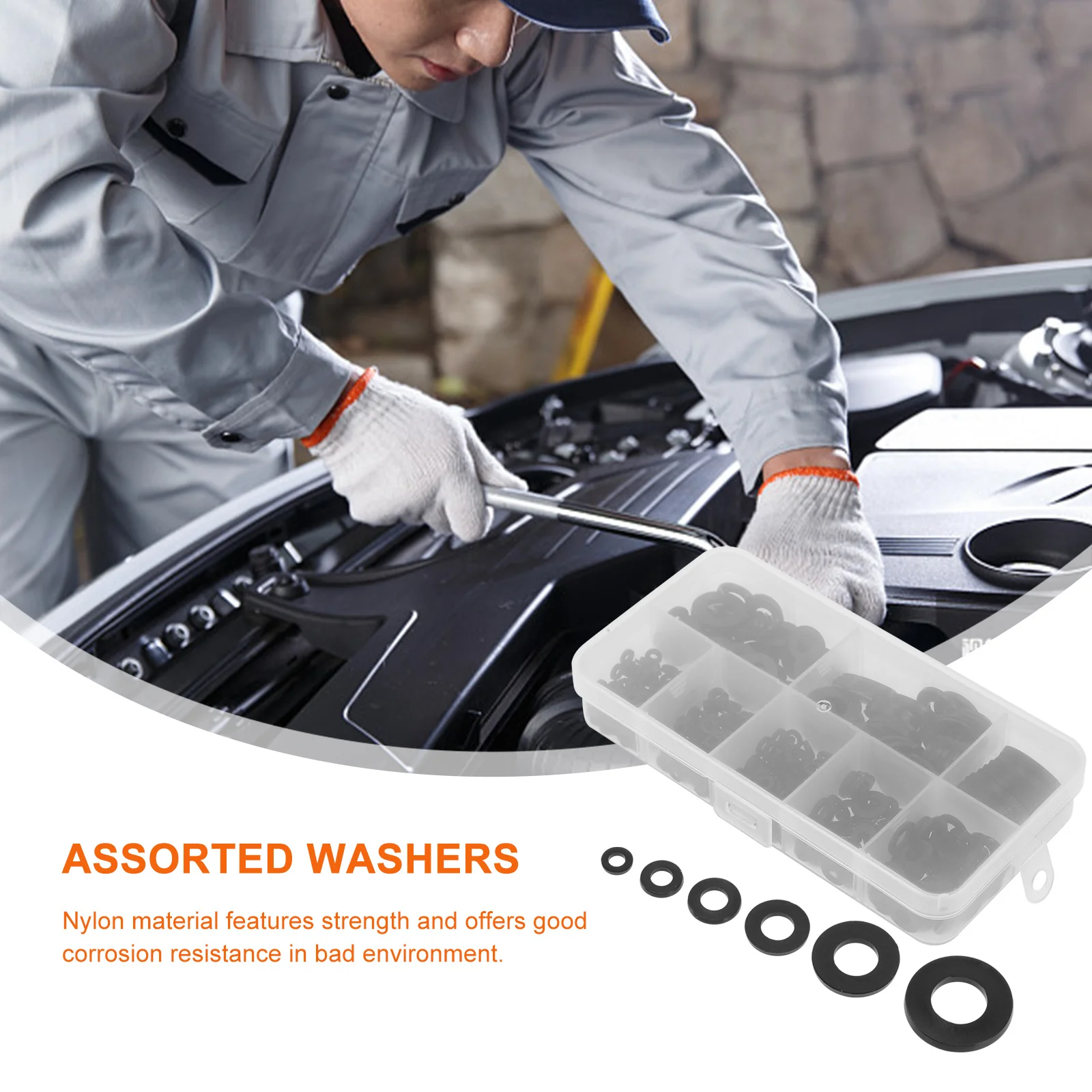 Kit de sortimento à prova d'água 500 peças, plástico plano para eletrodomésticos automotivos, arruelas de nylon pretas, arruelas de plástico