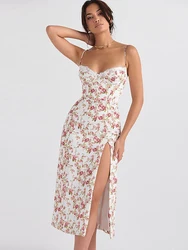 New Summer Sexy Women Floral Lace Patchwork Midi Dresses, Casual Backless Spaghetti Strap Slit Dress, Beach Vacation Sundress