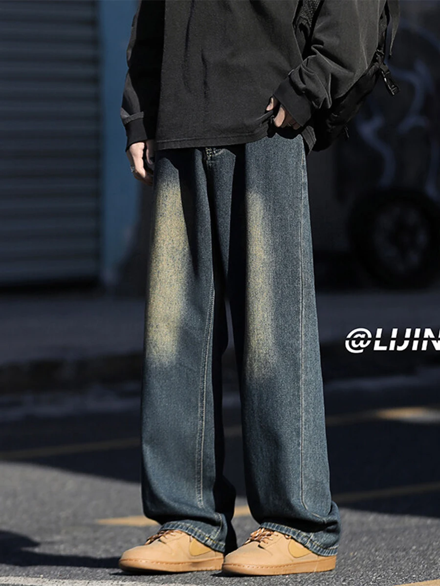 

Синие прямые джинсы в стиле ретро, мужские осенне-зимние широкие свободные повседневные брендовые брюки для студентов, весенние брюки