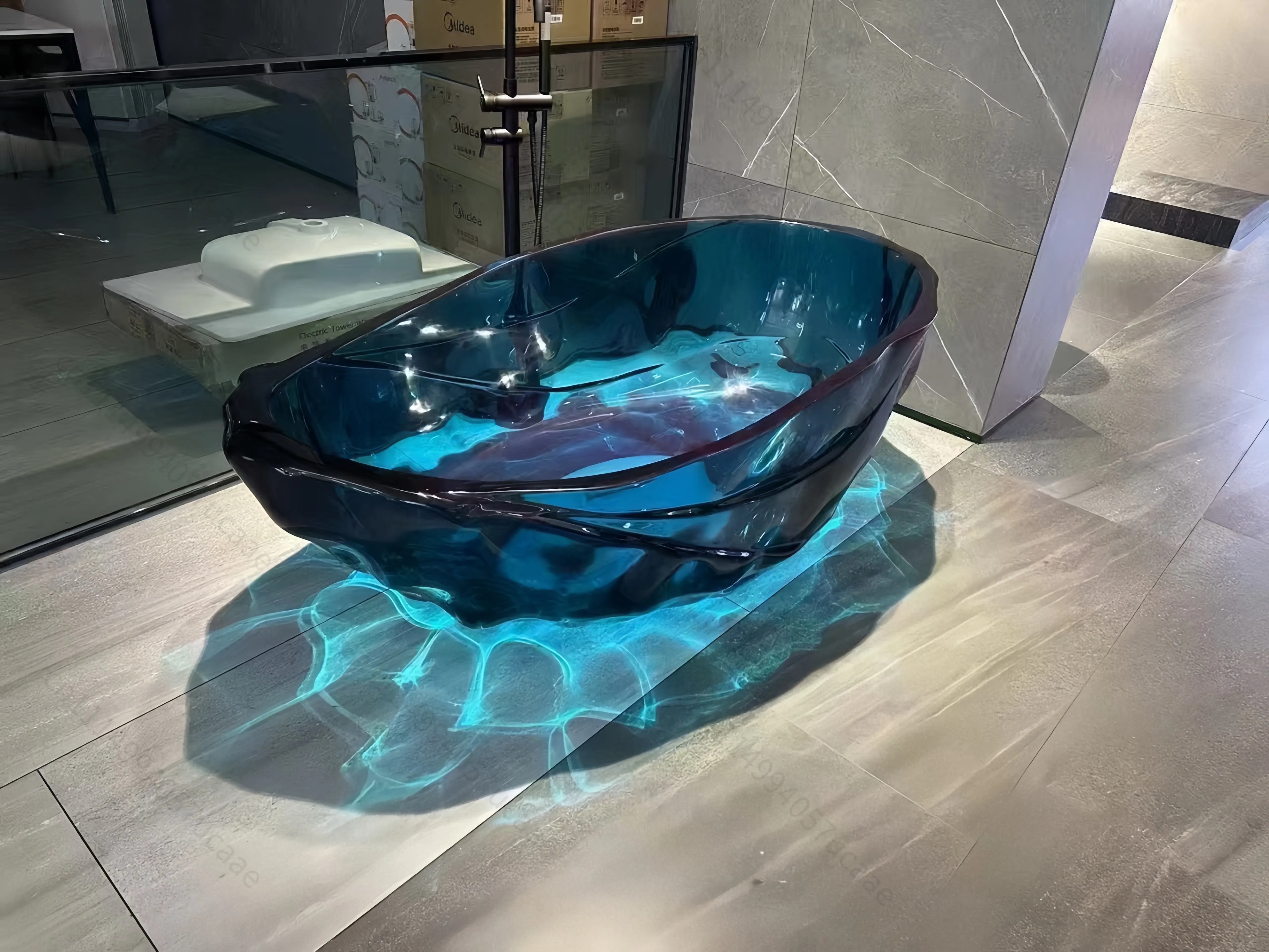 Luxury Clear Freestanding Resin Bathtub with Solid Surface Stone Finish Modern Oval Shape Indoor Soaking Tub 50-59gal Capacity
