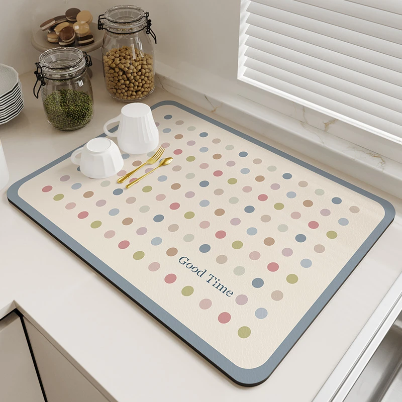 VIKAMA Kitchen Drain Mat Beige Brown Polka Dot Good Time Kitchen Counter Mat Highly Absorbent Fast Drying Anti Skid Flexible