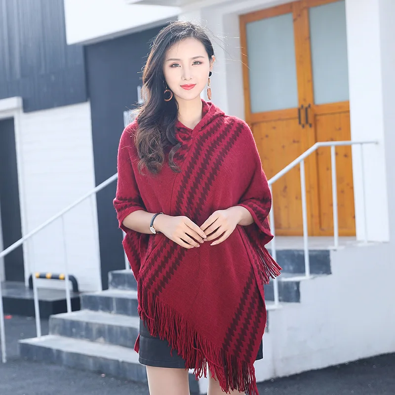 

Spring Autumn Hooded Shawl Coat Female Scarf Needle Pullover Cloak Shawl Tassel Sweater Women Coat Outdoor Sunscreen Red