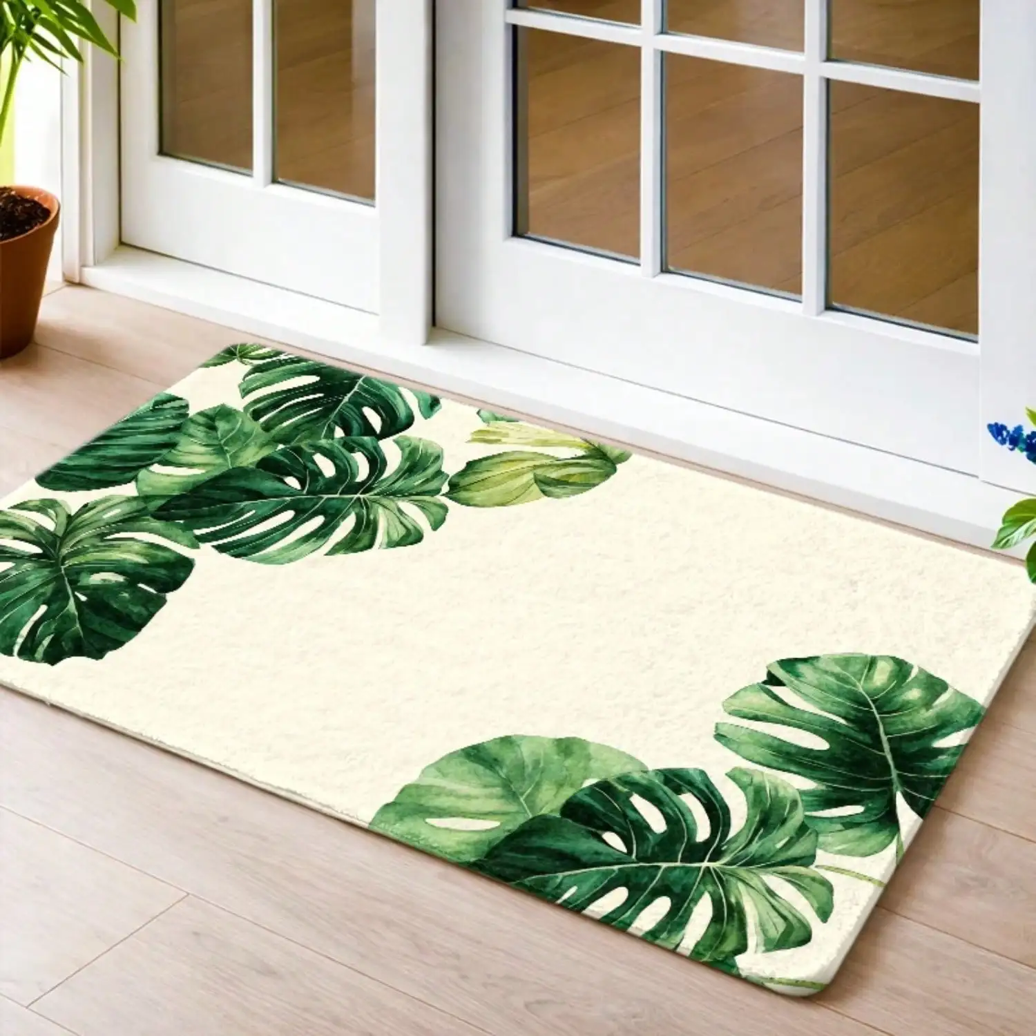 1pc Tropical Monstera Green Plant Flannel Floor Mat | Non-Slip Rubber Bottom, Durable, Machine-Washable, Universal For Living Room, Bedroom, Office, Bathroom