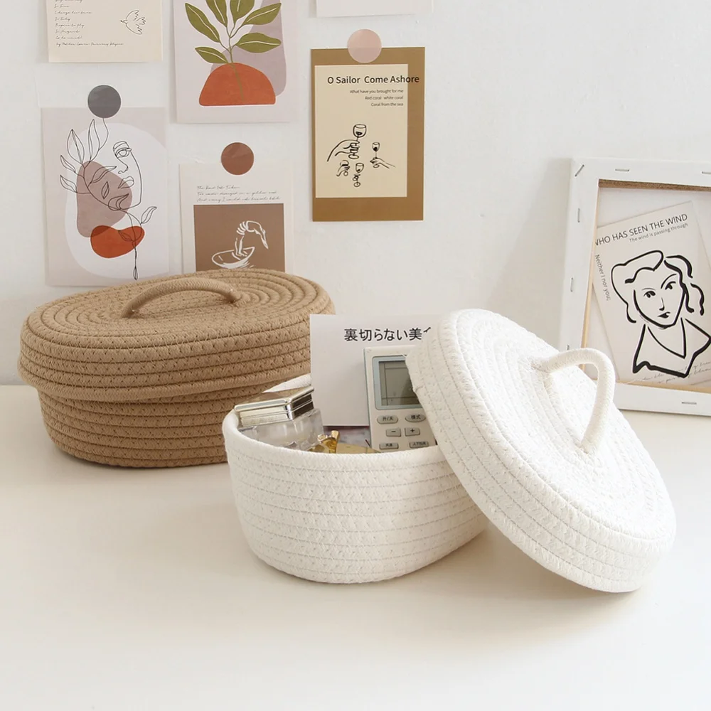 

Woven Rope Basket Sundries Storage Basket with Lid Handles Decorative Cosmetic Organizer Bin for Home Room Dresser Bedside