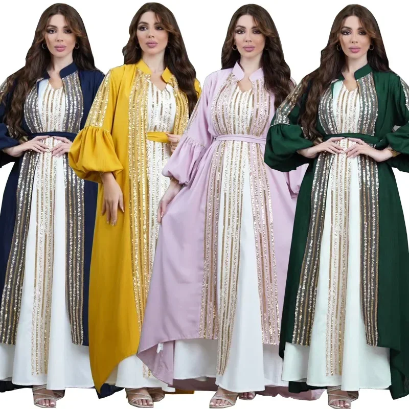 Middle East Kuwait Robe Muslim Fashion Women's Bead Embroidered Two Piece Set Bubble Sleeve Dress Muslim Sets  Dress for Women