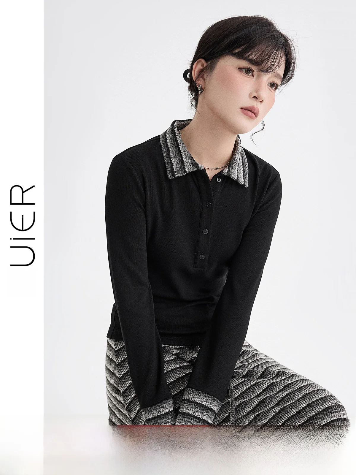

Guier Ne Thin Fce Knitted Sweater Women's New 2026 Spring Stripe Splicing Slimming Top Casual Sle Long Sve