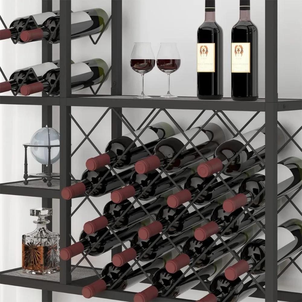 Industrial Wine Rack Freestanding Floor, Farmhouse Tall Coffee Bar Cabinet with Storage, Wood Metal Stackable Bakers Rack