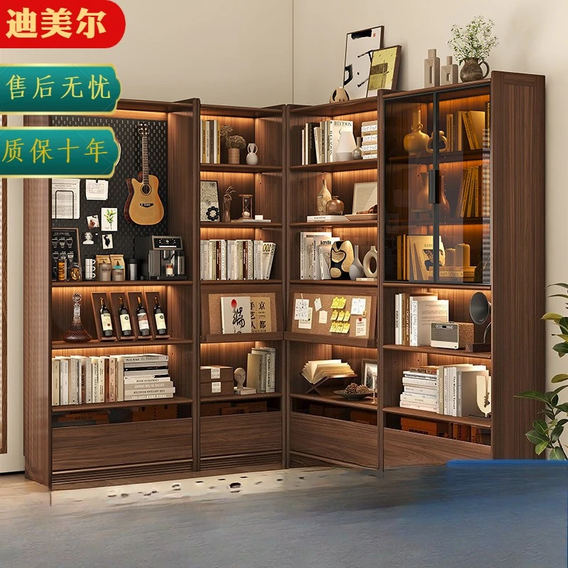 New Chinese-style solid wood cabinet, bookcase free combination, full wall display, floor-to-ceiling bookshelf with glass door