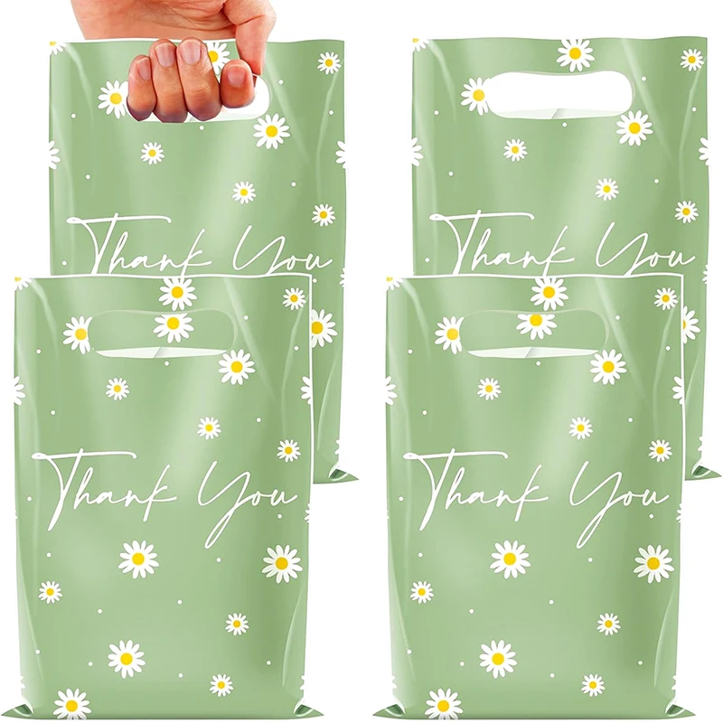 50Pcs Green Daisy Thank You Tote Torby na prezenty Plastikowa torba do pakowania cukierków na wesele Urodziny Party Ulubione małe firmy