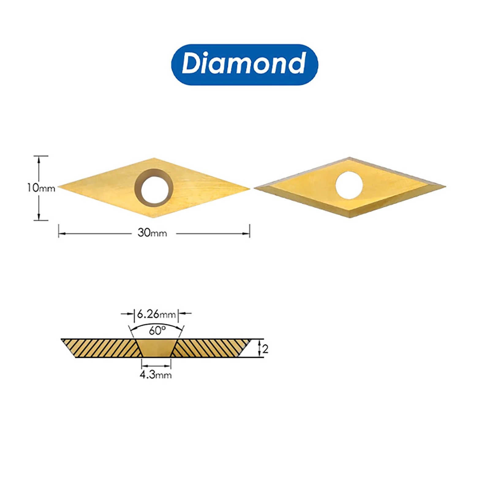 TASP Titanium Coated Carbide Cutter Inserts for Wood Turning Tools, Diamond 10 x 30mm, 10pcs