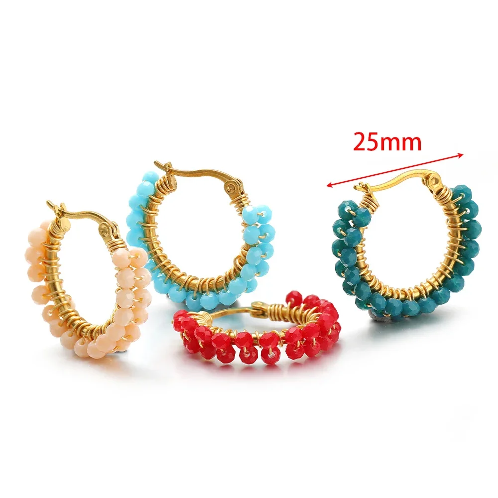 1 Pair Stainless Steel Hoop Earrings Crystal Beads Winding Earrings Fashion Gold-plated Earrings Women Trend Jewelry Gifts Bulk