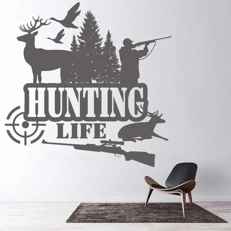 Hunting Life Wall Sticker Forest Adventure Deer Wild Duck Sniper Gun Hunter Lifestyle Home Hunting Ground Decoration Vinyl Decal