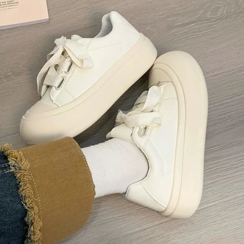 

2025 Spring Autumn New Women's White Sneakers Round Toe Thick Sole Height Increasing Chunky Platform Casual Shoes