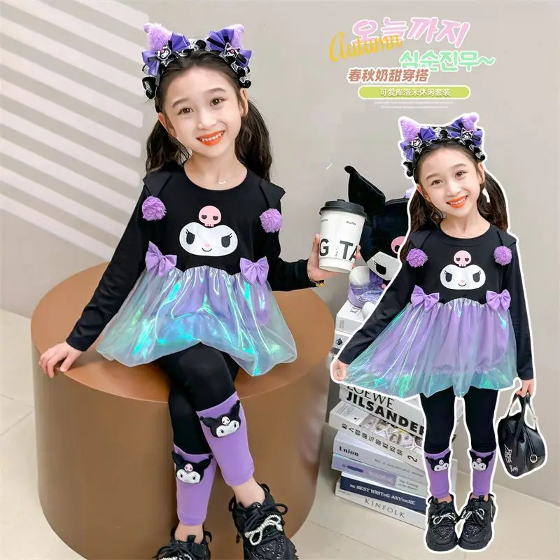 

2pcs Autumn Kuromi Anime Kawaii Sanrio Children Long Sleeve Pants Set Clothing Cute Cartoon Princess Hooded Skirt Gifts for Kids