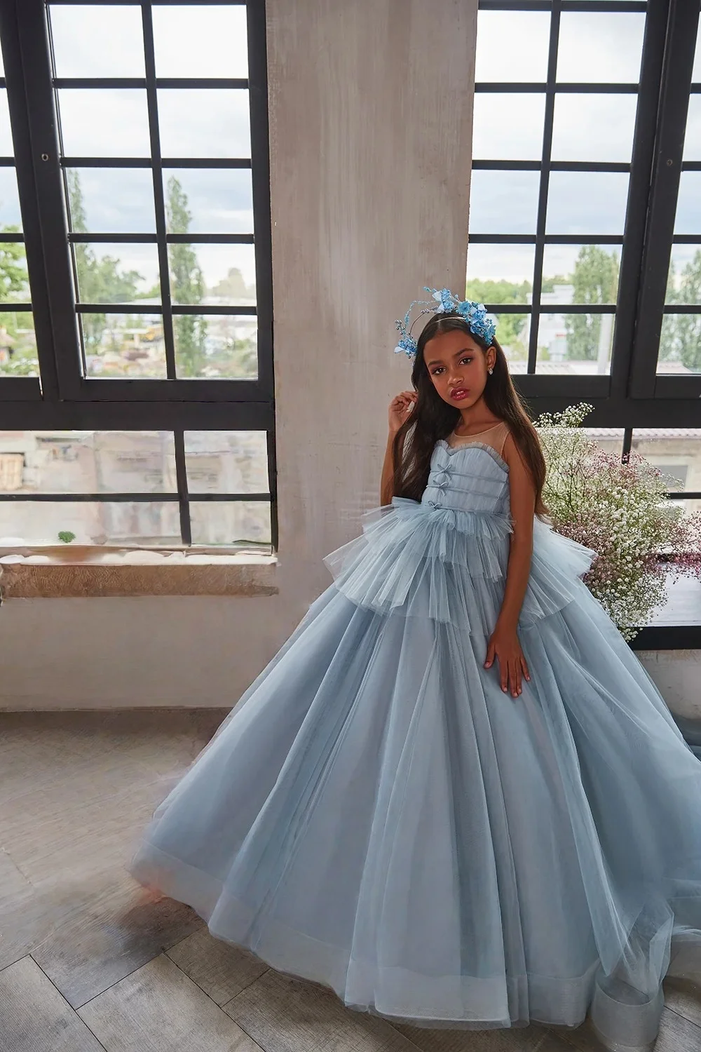 Custom JDY High Spaghetti Strap Tiered Ruffle Tulle Trailing Flower Girl Dress Wedding Party Gown Birthday Pageant Dress فساتين