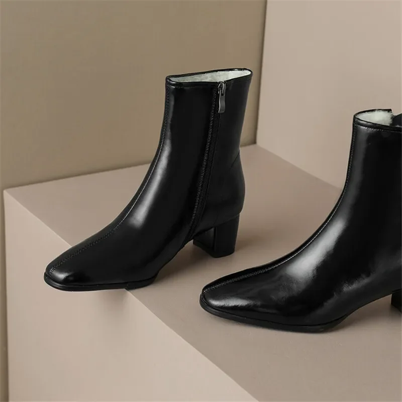 2023 New Autumn Split Leather Women Boots Square Toe Boots for Women Winter Boots Women Concise Knight Boots Black Short Boots