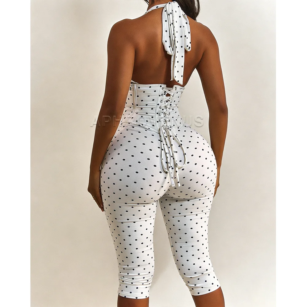 White Black Polka Dot Halter Neck Corset Jumpsuit Lace Up Backless Bodycon Capri Romper High Waist Shapewear Outfits For Party
