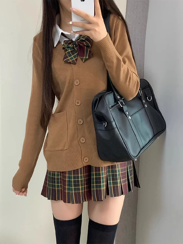 Conjunto de orme de cárdigan de punto de manga larga JK Original estilo universitario Otoño Invierno marrón conjunto de m...